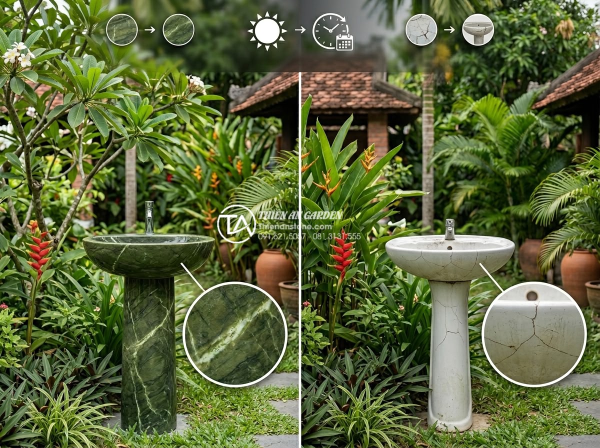 Lavabo Trụ Đá Tự Nhiên: Điểm Nhấn Nghệ Thuật Cho Không Gian Sân Vườn Lavish - Side-by-side comparison infographic style showing durability test: natural stone