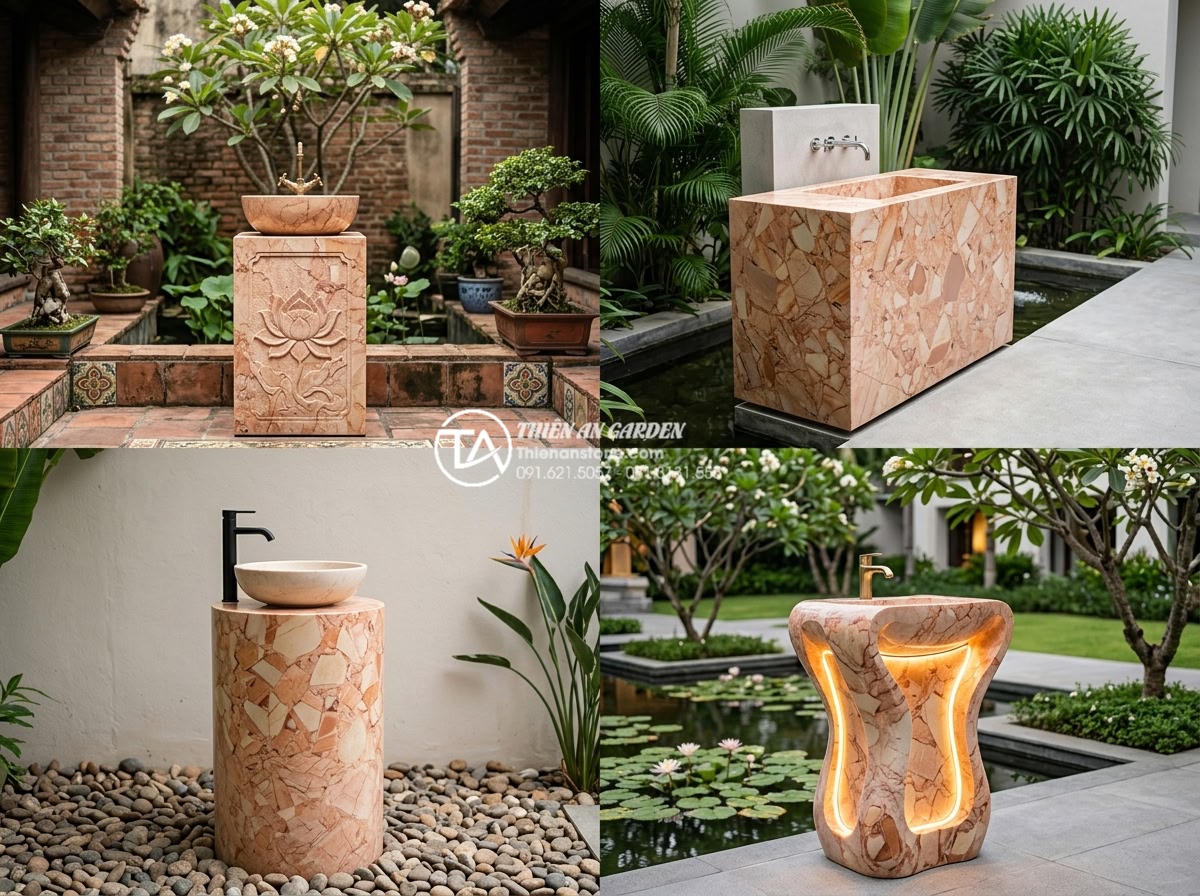 Lavabo Trụ Đá Tự Nhiên: Điểm Nhấn Nghệ Thuật Cho Không Gian Sân Vườn Lavish - Four different artistic lavabo pedestal designs in one image: Indochine style wi