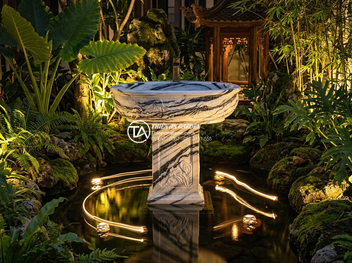 Lavabo Trụ Đá Tự Nhiên: Điểm Nhấn Nghệ Thuật Cho Không Gian Sân Vườn Lavish - Night view of illuminated lavabo bệ đá in lavish garden with warm LED lighting h