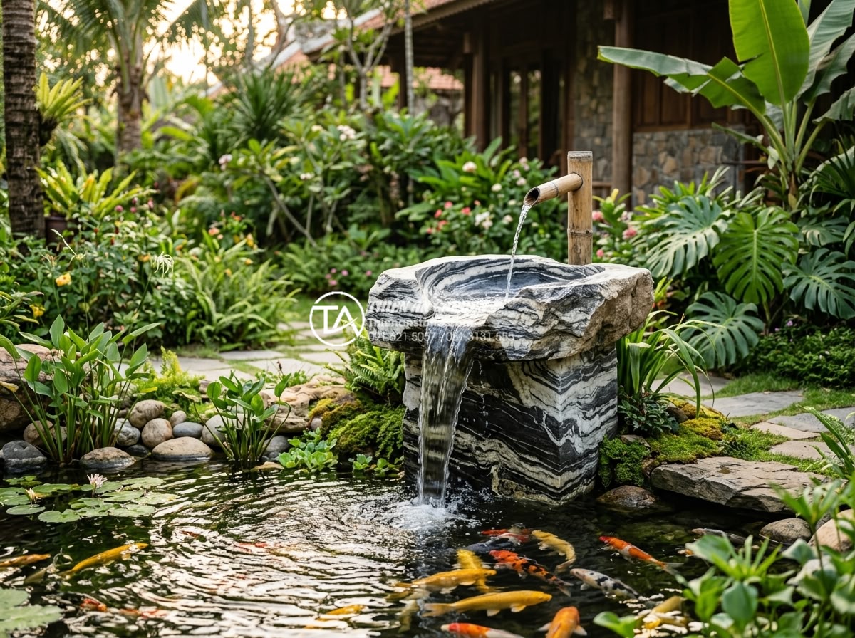 Lavabo Trụ Đá Tự Nhiên: Điểm Nhấn Nghệ Thuật Cho Không Gian Sân Vườn Lavish - Real project photo of lavabo pedestal stone integrated with koi pond in luxury r