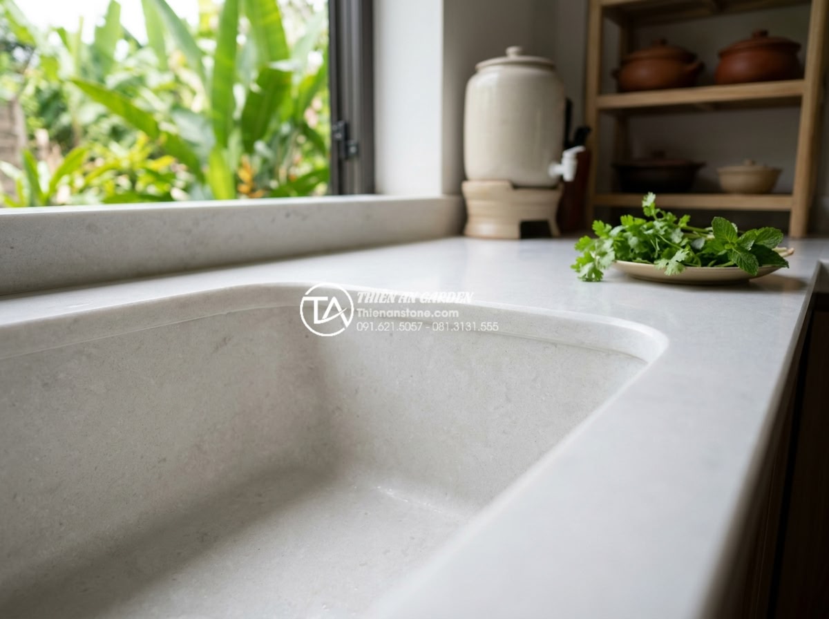 Lỗi Thường Gặp Khi Lắp Đặt Bàn Đá Chậu Rửa Mặt Và Cách Khắc Phục Triệt Để - Perfectly level natural stone countertop with integrated sink showing no gaps an