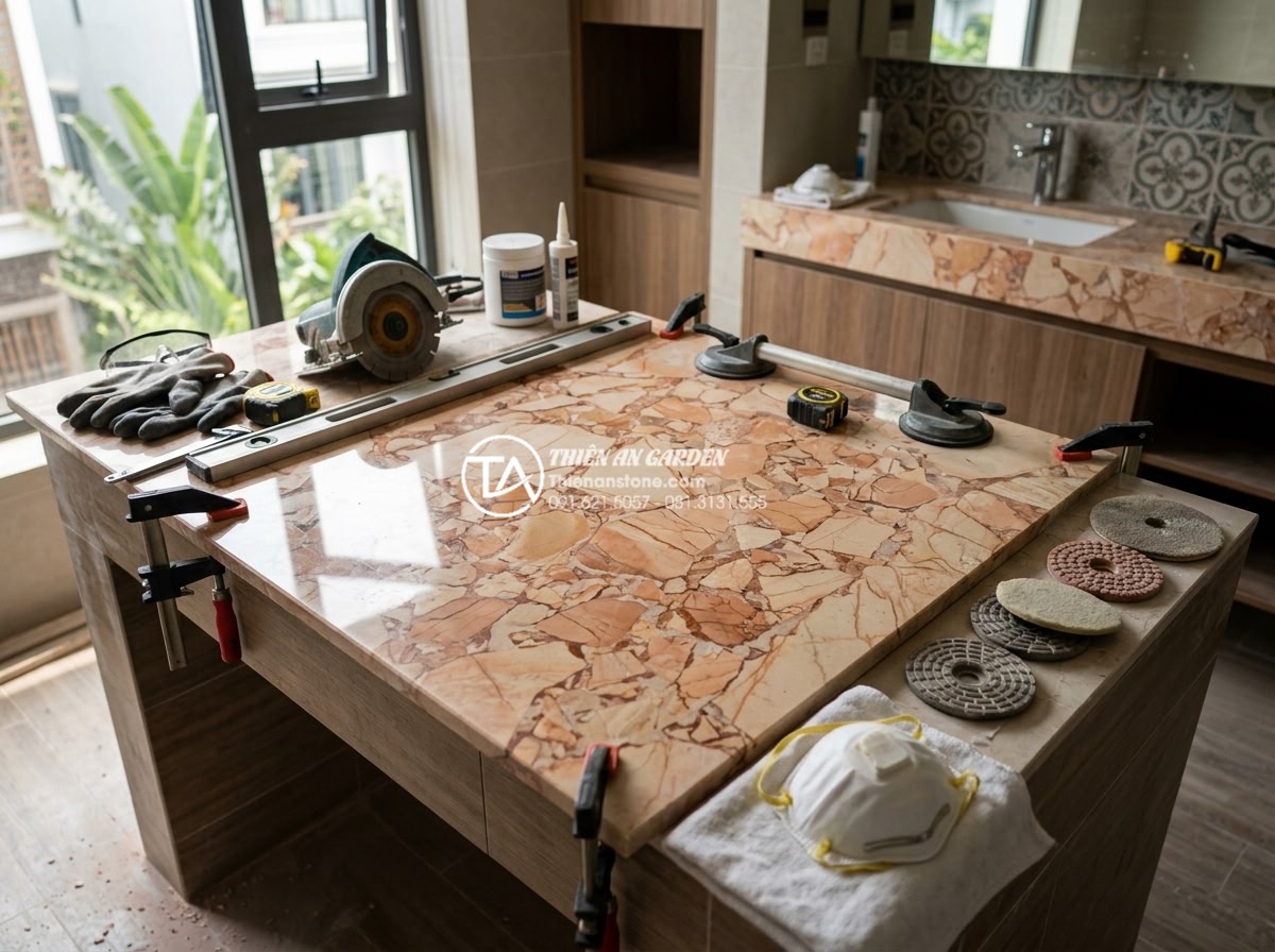 Lỗi Thường Gặp Khi Lắp Đặt Bàn Đá Chậu Rửa Mặt Và Cách Khắc Phục Triệt Để - Professional team of stone craftsmen carefully installing lavabo countertop with