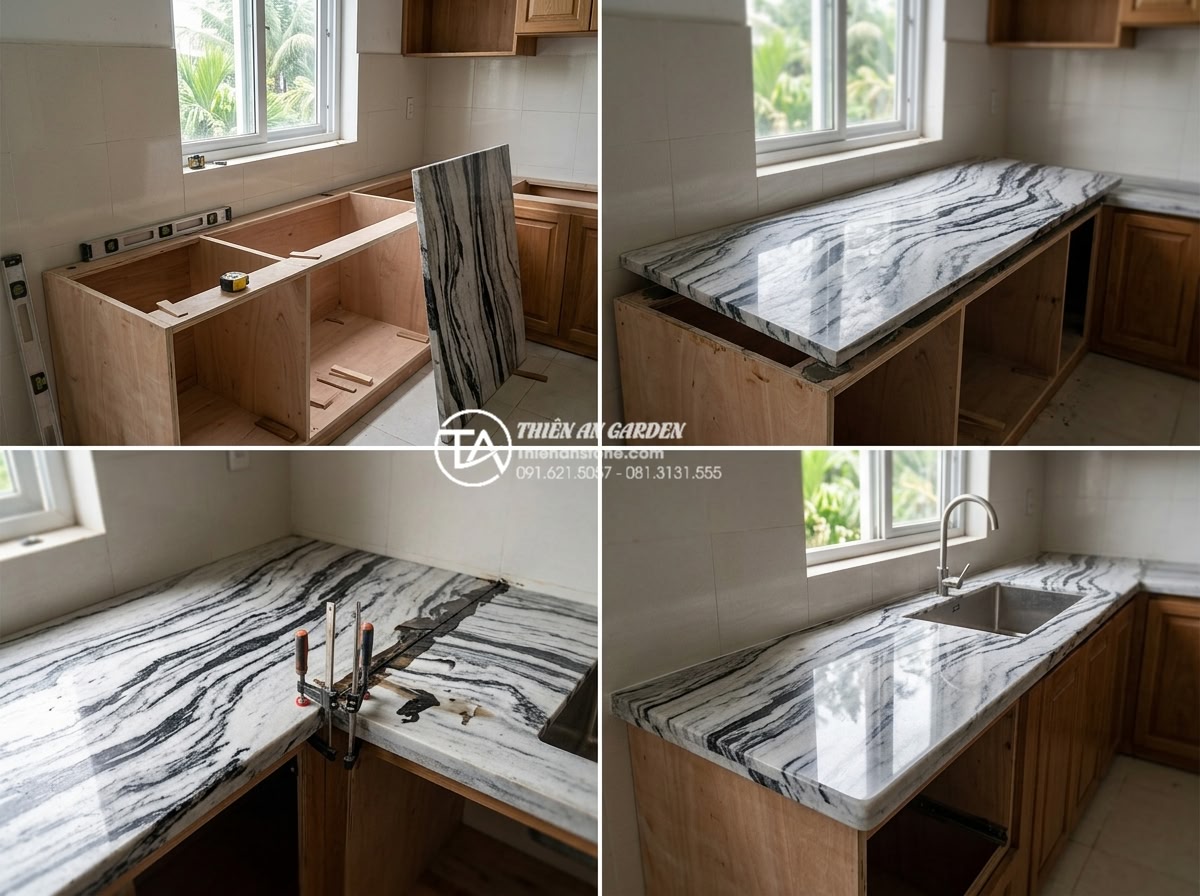 Lỗi Thường Gặp Khi Lắp Đặt Bàn Đá Chậu Rửa Mặt Và Cách Khắc Phục Triệt Để - Time-lapse sequence of expert stone countertop installation process from prepara