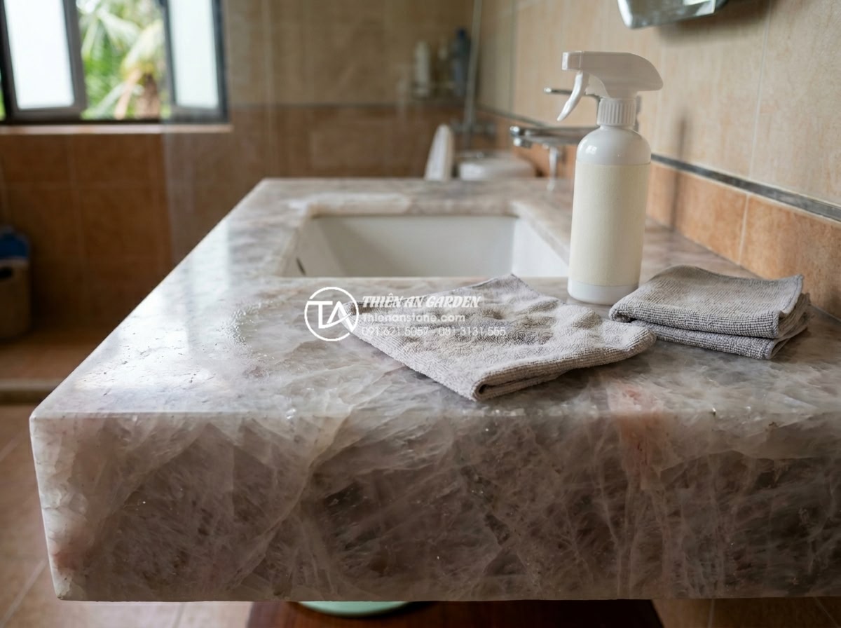 Lỗi Thường Gặp Khi Lắp Đặt Bàn Đá Chậu Rửa Mặt Và Cách Khắc Phục Triệt Để - Proper maintenance routine showing gentle cleaning of natural stone lavabo count