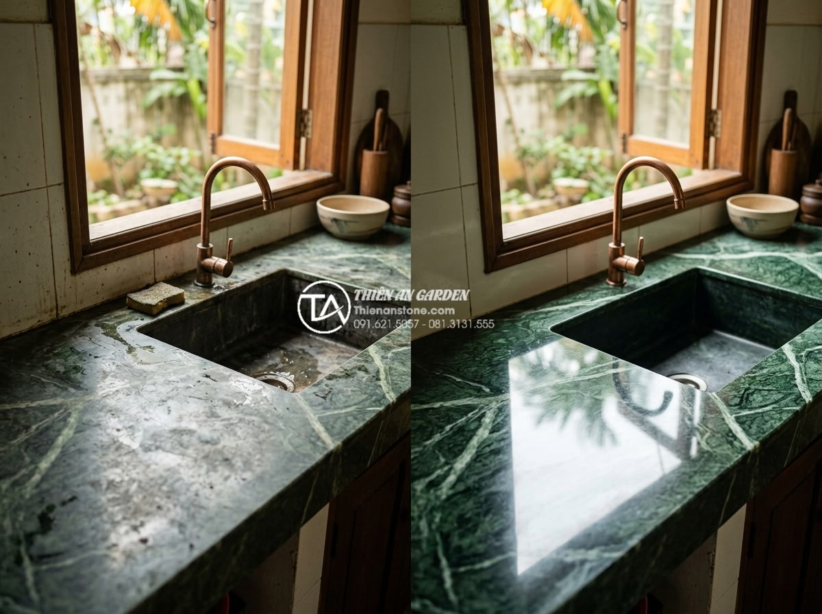 Lỗi Thường Gặp Khi Lắp Đặt Bàn Đá Chậu Rửa Mặt Và Cách Khắc Phục Triệt Để - Before and after maintenance of stone sink countertop demonstrating restored shi