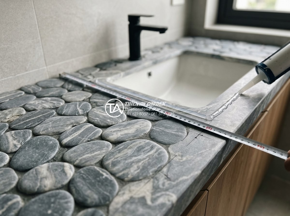 Lỗi Thường Gặp Khi Lắp Đặt Bàn Đá Chậu Rửa Mặt Và Cách Khắc Phục Triệt Để - Close-up view of high-quality natural stone sink countertop installation process