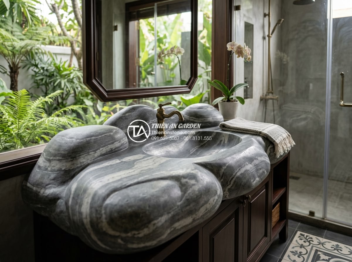 Lỗi Thường Gặp Khi Lắp Đặt Bàn Đá Chậu Rửa Mặt Và Cách Khắc Phục Triệt Để - Happy customer viewing completed custom stone countertop lavabo installation in 