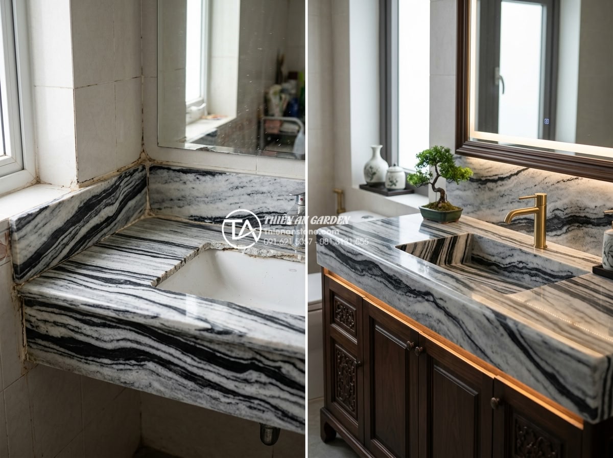 Lỗi Thường Gặp Khi Lắp Đặt Bàn Đá Chậu Rửa Mặt Và Cách Khắc Phục Triệt Để - Before and after comparison of poorly measured vs perfectly designed natural sto