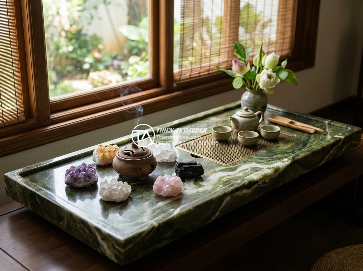 Mặt bàn trà bằng đá: Nên chọn đá Marble, Granite hay đá Cuội tự nhiên? - Beautiful feng shui tea table arrangement with natural stone top, five element c