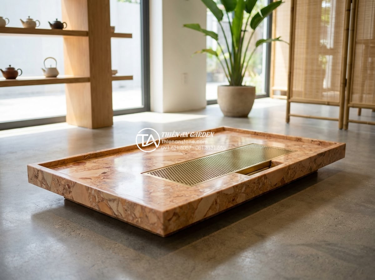 Mặt bàn trà bằng đá: Nên chọn đá Marble, Granite hay đá Cuội tự nhiên? - Various natural stone tea table designs displayed in a professional showroom: ro