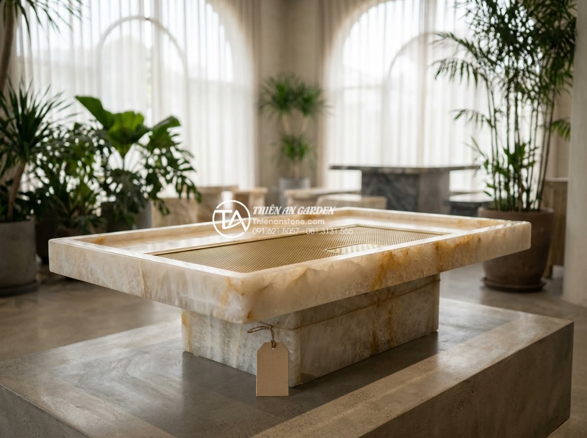 Mặt bàn trà bằng đá: Nên chọn đá Marble, Granite hay đá Cuội tự nhiên? - Collection of popular natural stone tea table models arranged beautifully in a s