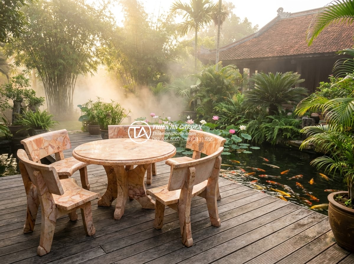 Mẫu bàn ghế đá tròn tự nhiên: Sự lựa chọn hoàn hảo cho không gian quây quần - Hình 4 Mẫu bàn ghế đá tròn tự nhiên: Sự lựa chọn hoàn hảo cho không gian quây quần - Beautiful outdoor scene of round natural stone table and chairs set on a wooden