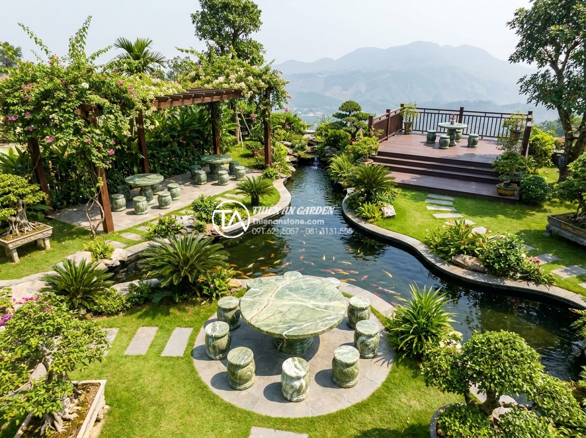Mẫu bàn ghế đá tròn tự nhiên: Sự lựa chọn hoàn hảo cho không gian quây quần - Hình 7 Mẫu bàn ghế đá tròn tự nhiên: Sự lựa chọn hoàn hảo cho không gian quây quần - Aerial view of beautifully landscaped Vietnamese villa garden with multiple roun