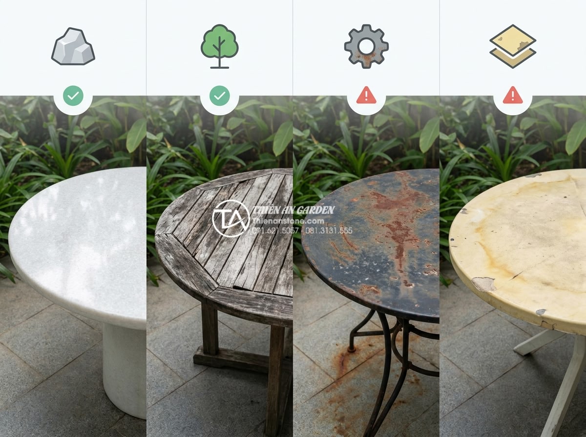Mẫu bàn ghế đá tròn tự nhiên: Sự lựa chọn hoàn hảo cho không gian quây quần - Hình 9 Mẫu bàn ghế đá tròn tự nhiên: Sự lựa chọn hoàn hảo cho không gian quây quần - Professional comparison infographic style image showing side-by-side realistic p