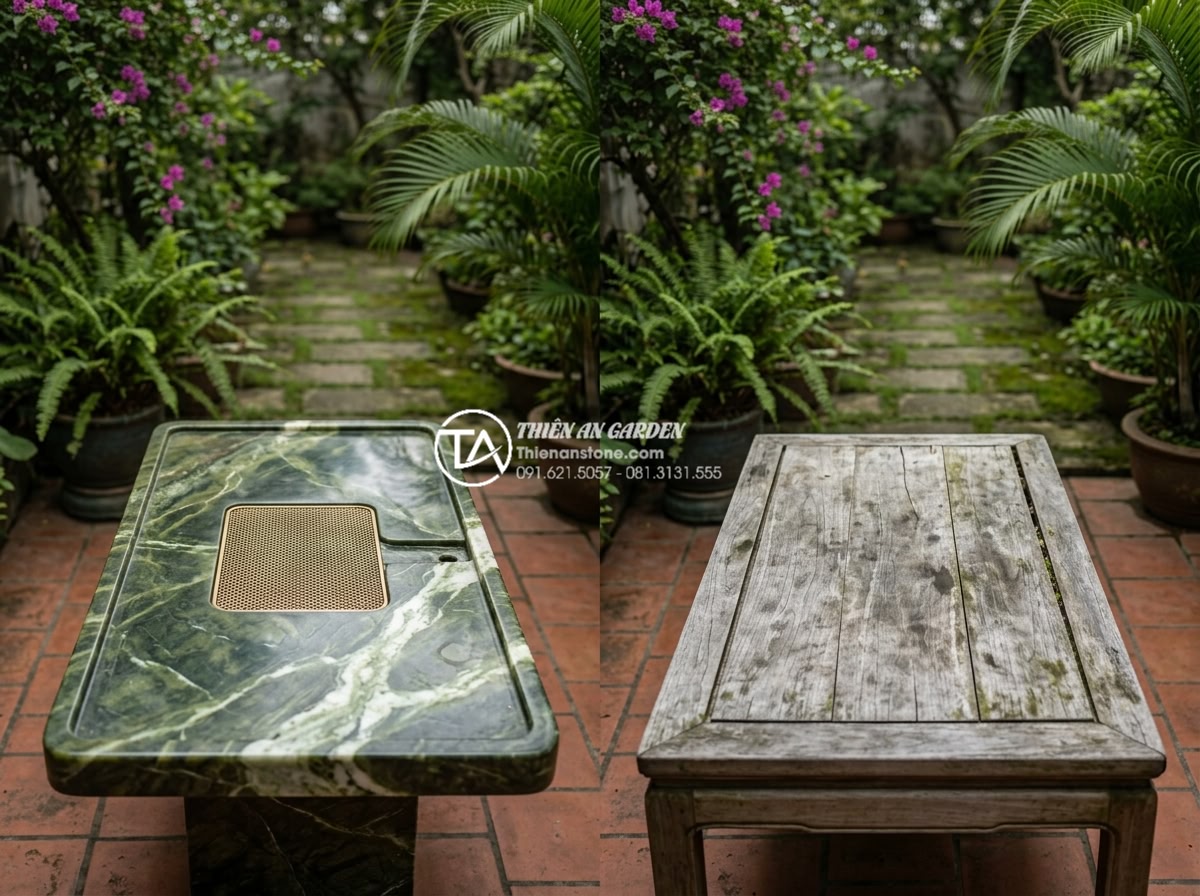 Mẫu bàn trà đá Granite (đá hoa cương) siêu bền cho khu vực ngoài trời - Side-by-side comparison of granite tea table and wooden tea table in same outdoo