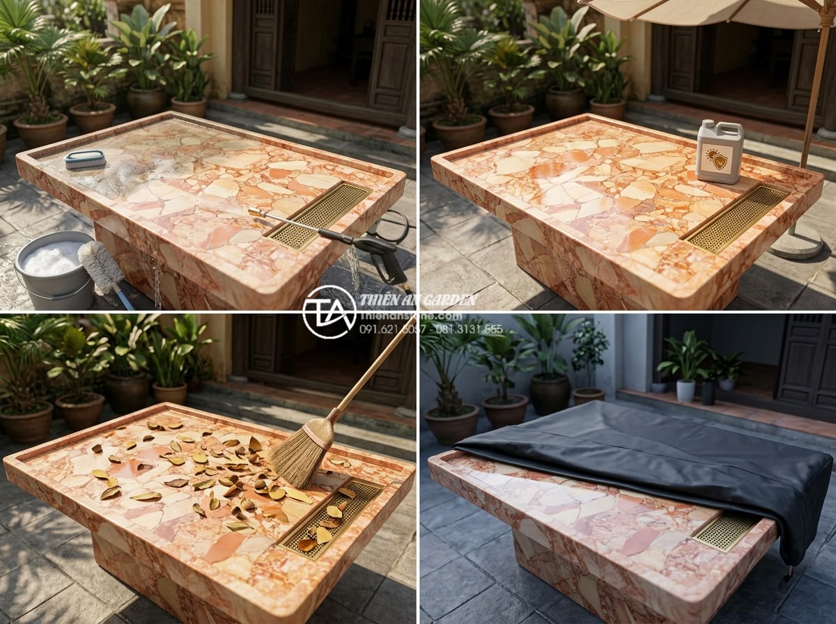 Mẫu bàn trà đá Granite (đá hoa cương) siêu bền cho khu vực ngoài trời - Seasonal maintenance checklist infographic for granite outdoor furniture showing