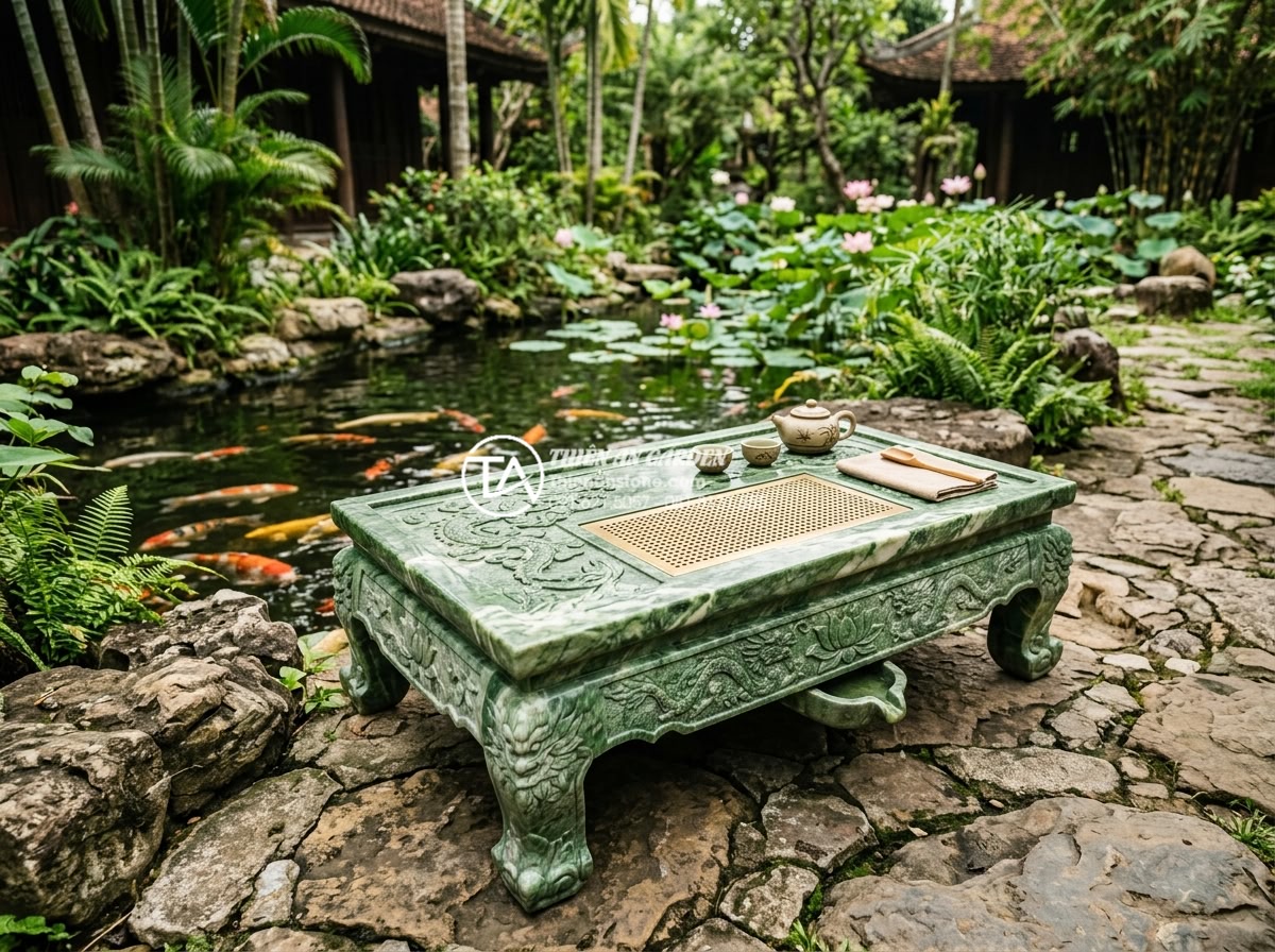 Mẫu bàn trà đá Granite (đá hoa cương) siêu bền cho khu vực ngoài trời - Traditional Vietnamese style carved granite tea table with dragon and lotus moti