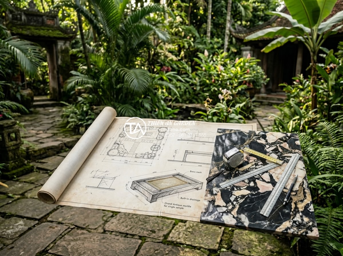 Mẫu bàn trà đá Granite (đá hoa cương) siêu bền cho khu vực ngoài trời - Professional designer measuring and planning granite tea table placement in spac