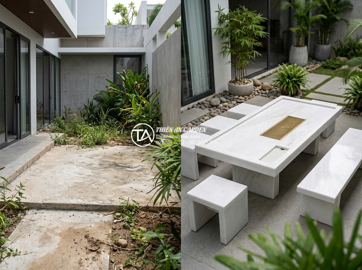 Mẫu bàn trà đá Granite (đá hoa cương) siêu bền cho khu vực ngoài trời - Before and after comparison of outdoor space transformed by perfectly sized gran