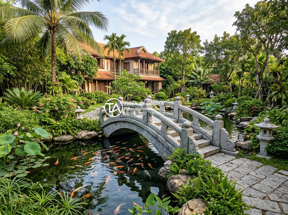 Mẹo chọn màu sắc cầu đá hợp mệnh gia chủ theo quy luật Ngũ Hành - Wide angle realistic photograph of a traditional Vietnamese garden stone arch br