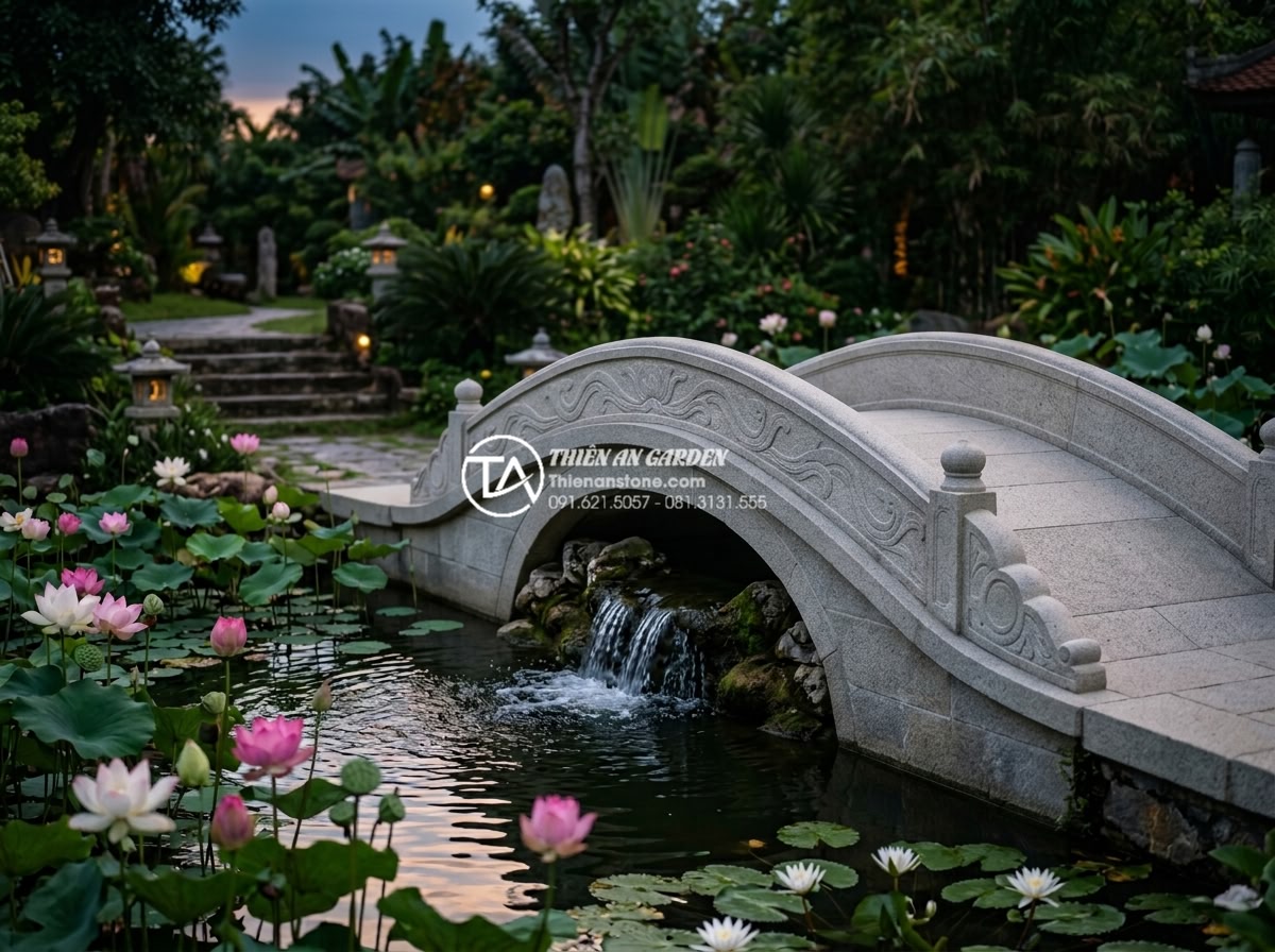 Mẹo chọn màu sắc cầu đá hợp mệnh gia chủ theo quy luật Ngũ Hành - Detailed view of polished black stone bridge with subtle wave patterns carved, w