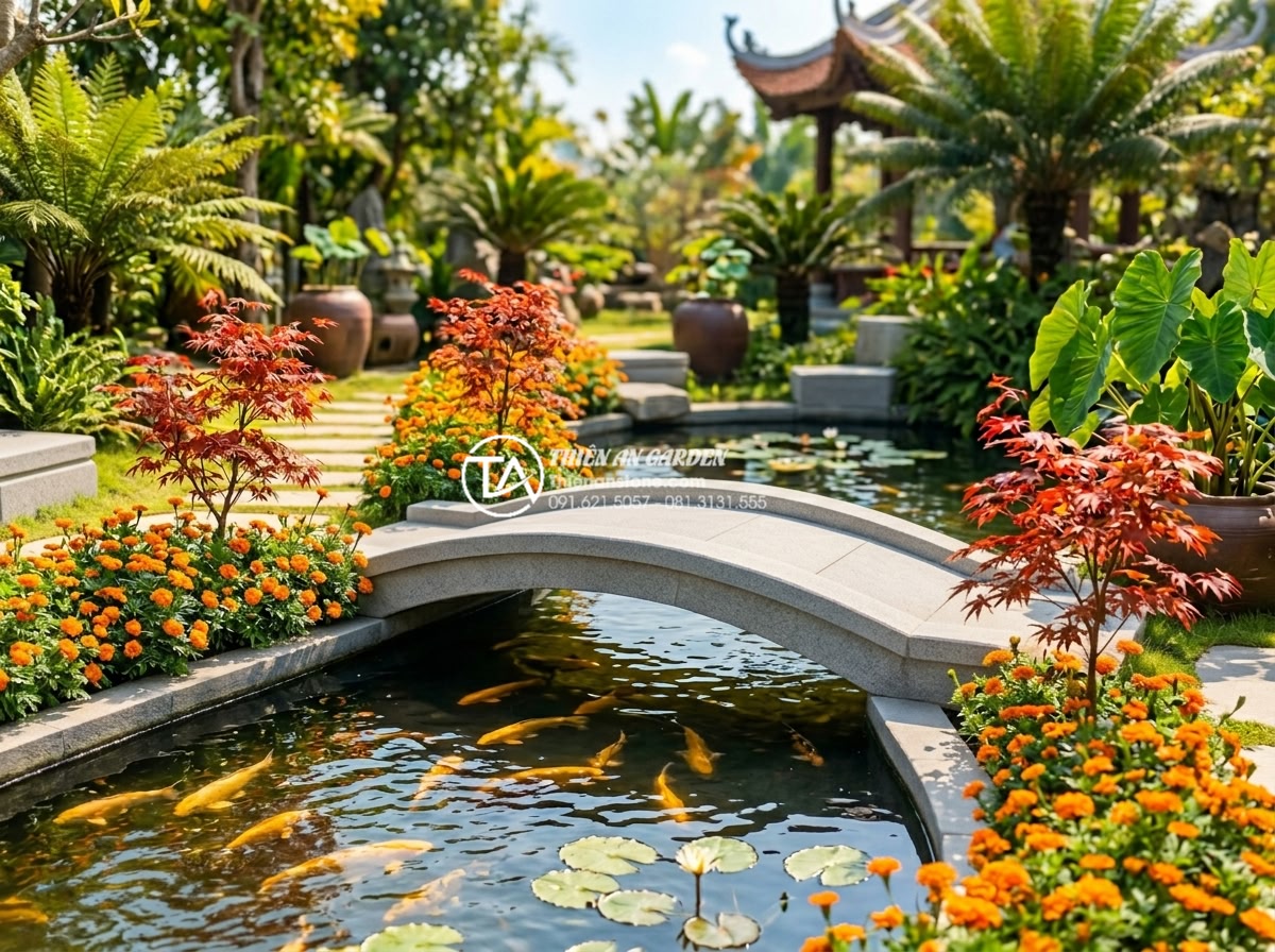 Mẹo chọn màu sắc cầu đá hợp mệnh gia chủ theo quy luật Ngũ Hành - Vibrant red sandstone garden bridge with warm glowing tones in a sunny Vietnames