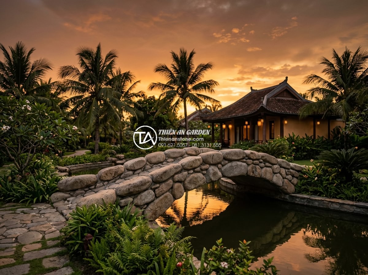Mẹo chọn màu sắc cầu đá hợp mệnh gia chủ theo quy luật Ngũ Hành - Sunset view of warm toned red and orange natural stone bridge in elegant garden,