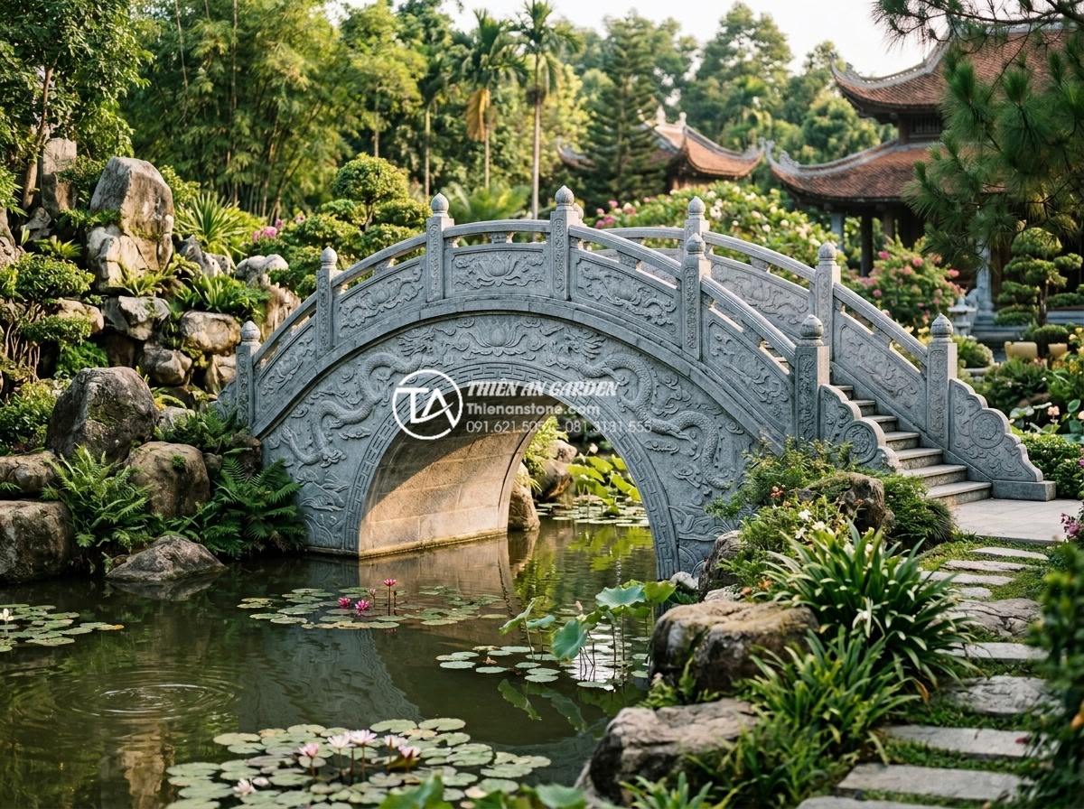 Mẹo chọn màu sắc cầu đá hợp mệnh gia chủ theo quy luật Ngũ Hành - Detailed realistic image of massive yellow sandstone bridge with carved traditio