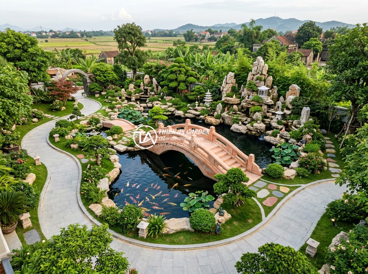 Mẹo chọn màu sắc cầu đá hợp mệnh gia chủ theo quy luật Ngũ Hành - Comprehensive landscape view of integrated Vietnamese garden design showing colo