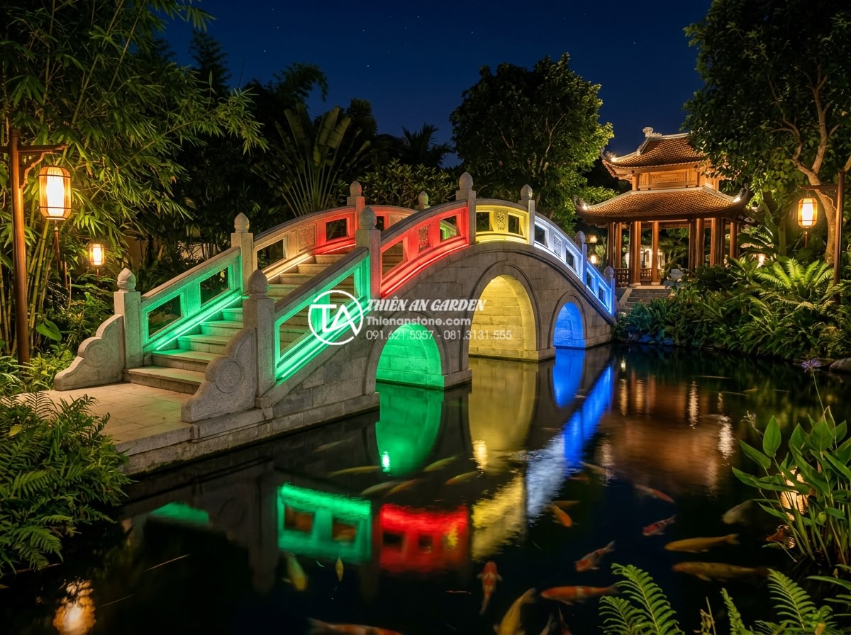 Mẹo chọn màu sắc cầu đá hợp mệnh gia chủ theo quy luật Ngũ Hành - Night time illumination of a beautiful multi-colored stone bridge in Vietnamese 