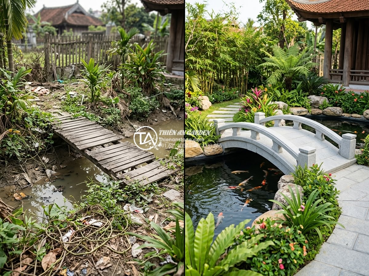 Mẹo chọn màu sắc cầu đá hợp mệnh gia chủ theo quy luật Ngũ Hành - Before and after comparison style realistic image of a Vietnamese garden: left s