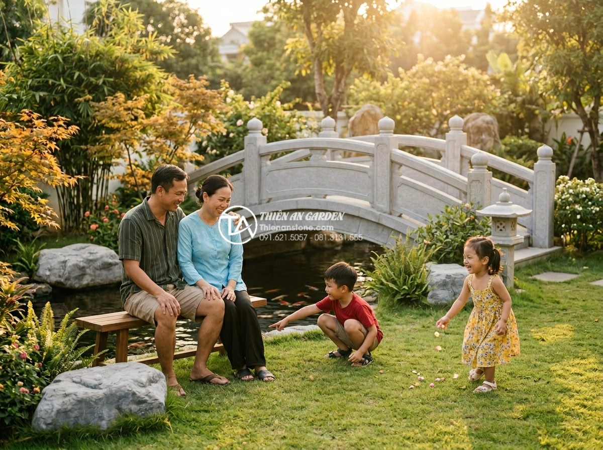 Mẹo chọn màu sắc cầu đá hợp mệnh gia chủ theo quy luật Ngũ Hành - Happy Vietnamese family enjoying their new feng shui garden with beautiful stone