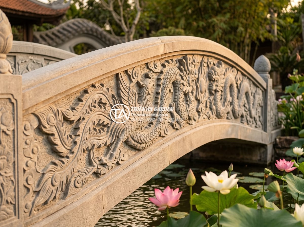 Mẹo chọn màu sắc cầu đá hợp mệnh gia chủ theo quy luật Ngũ Hành - Close-up detail shot of hand-carved natural stone bridge railing with intricate 