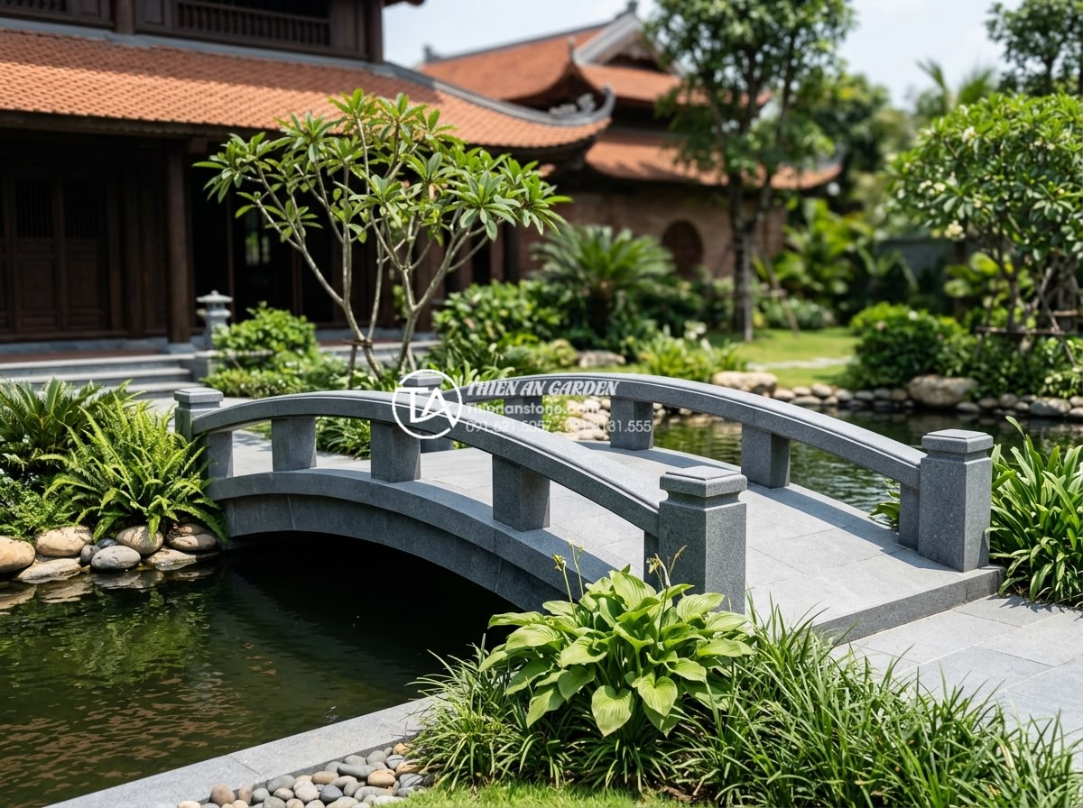 Mẹo chọn màu sắc cầu đá hợp mệnh gia chủ theo quy luật Ngũ Hành - Completed luxurious stone bridge installation at a high-end Vietnamese villa gar