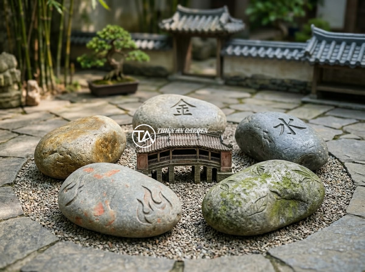 Mẹo chọn màu sắc cầu đá hợp mệnh gia chủ theo quy luật Ngũ Hành - Infographic style realistic image showing the Five Elements cycle diagram with n