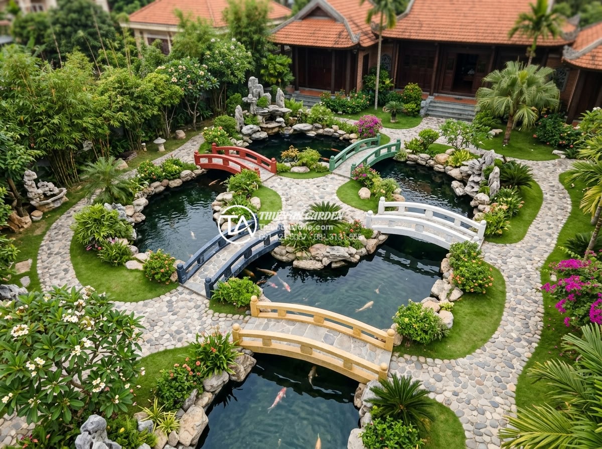Mẹo chọn màu sắc cầu đá hợp mệnh gia chủ theo quy luật Ngũ Hành - Aerial view of a luxurious Vietnamese villa garden featuring multiple stone brid