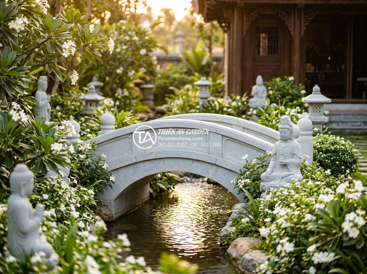 Mẹo chọn màu sắc cầu đá hợp mệnh gia chủ theo quy luật Ngũ Hành - High detail photograph of gray granite garden bridge with subtle metallic sheen,