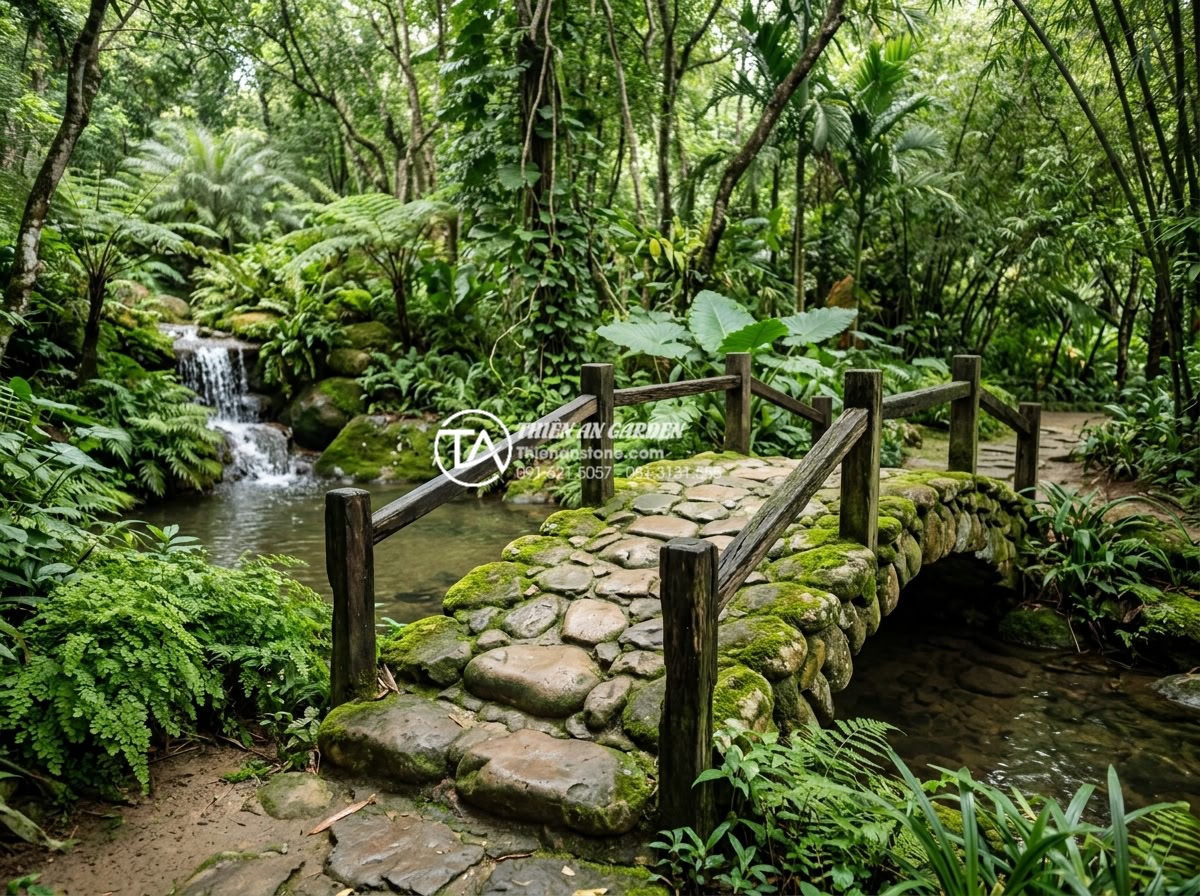 Mẹo chọn màu sắc cầu đá hợp mệnh gia chủ theo quy luật Ngũ Hành - Vibrant green moss-covered natural stone bridge in a lush tropical Vietnamese ga