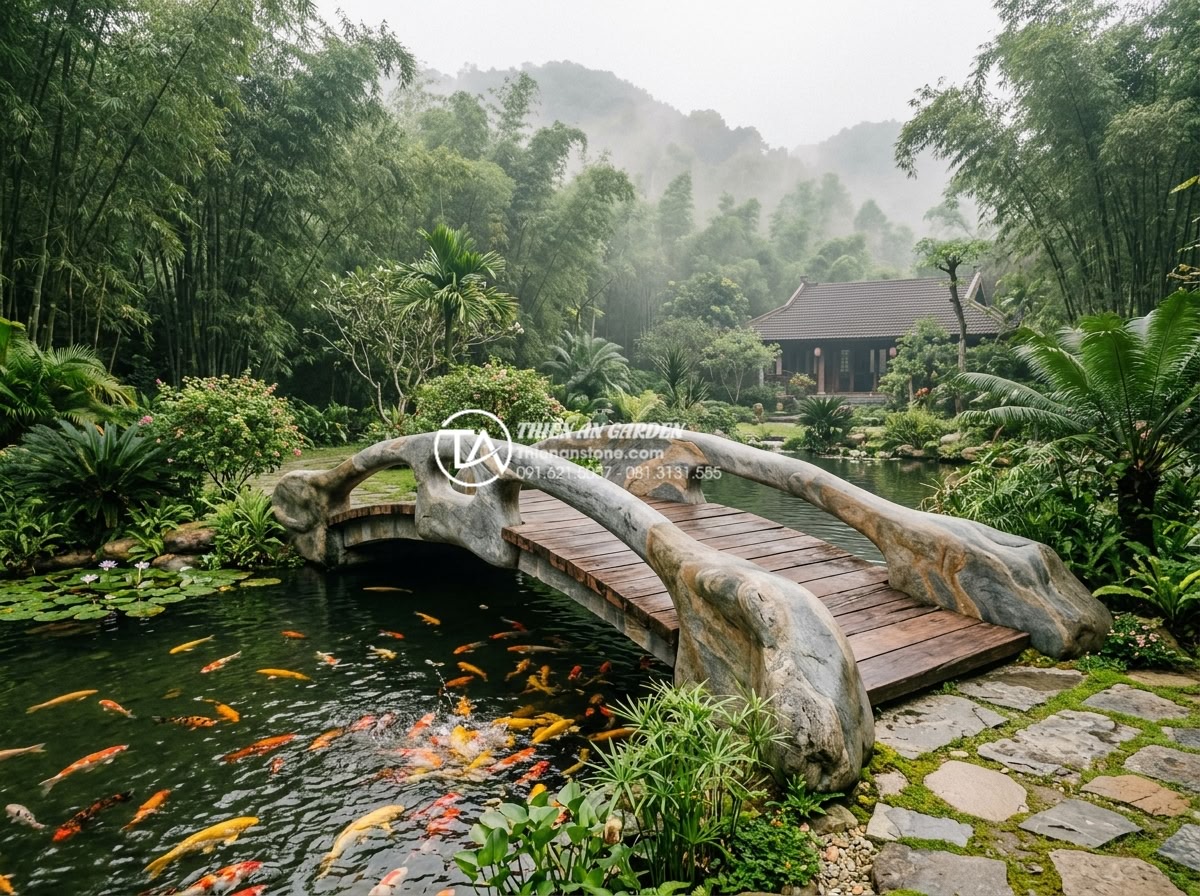 Mẹo chọn màu sắc cầu đá hợp mệnh gia chủ theo quy luật Ngũ Hành - Realistic wide shot of elegant dark green and black stone garden bridge integrat