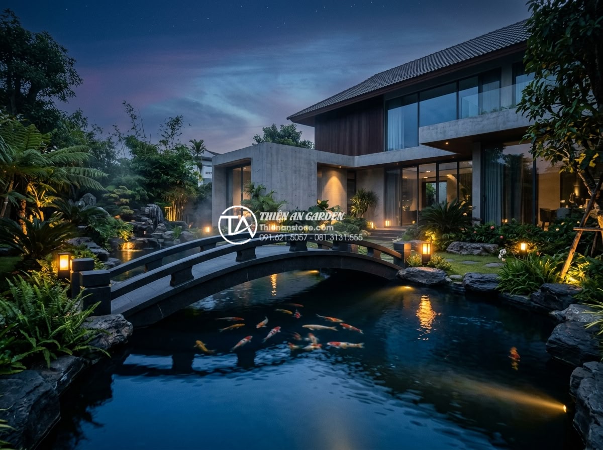 Mẹo chọn màu sắc cầu đá hợp mệnh gia chủ theo quy luật Ngũ Hành - Dramatic black granite stone bridge over deep blue koi pond at dusk, reflections