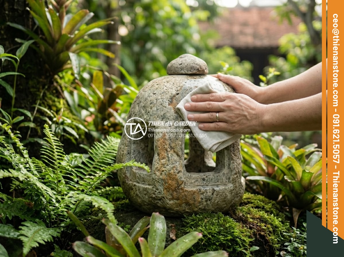 Mua đèn đá sân vườn tại Hà Nội: Top địa chỉ uy tín, xưởng sản xuất trực tiếp - Hình 10 Mua đèn đá sân vườn tại Hà Nội: Top địa chỉ uy tín, xưởng sản xuất trực tiếp - Close-up realistic photograph of a natural stone garden lamp in a Hanoi garden b