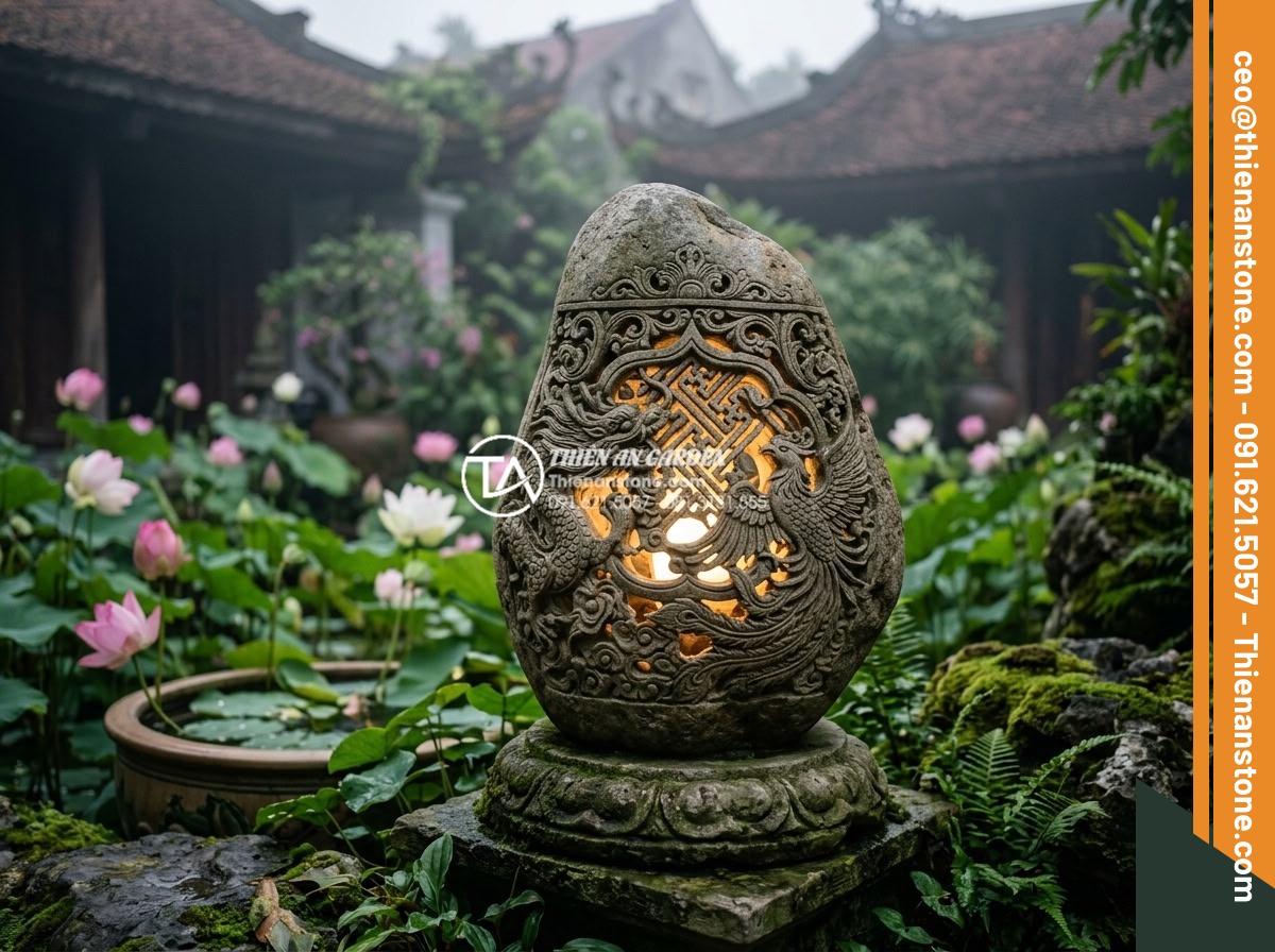 Mua đèn đá sân vườn tại Hà Nội: Top địa chỉ uy tín, xưởng sản xuất trực tiếp - Hình 2 Mua đèn đá sân vườn tại Hà Nội: Top địa chỉ uy tín, xưởng sản xuất trực tiếp - Detailed close-up realistic image of hand-carved natural stone garden lantern in