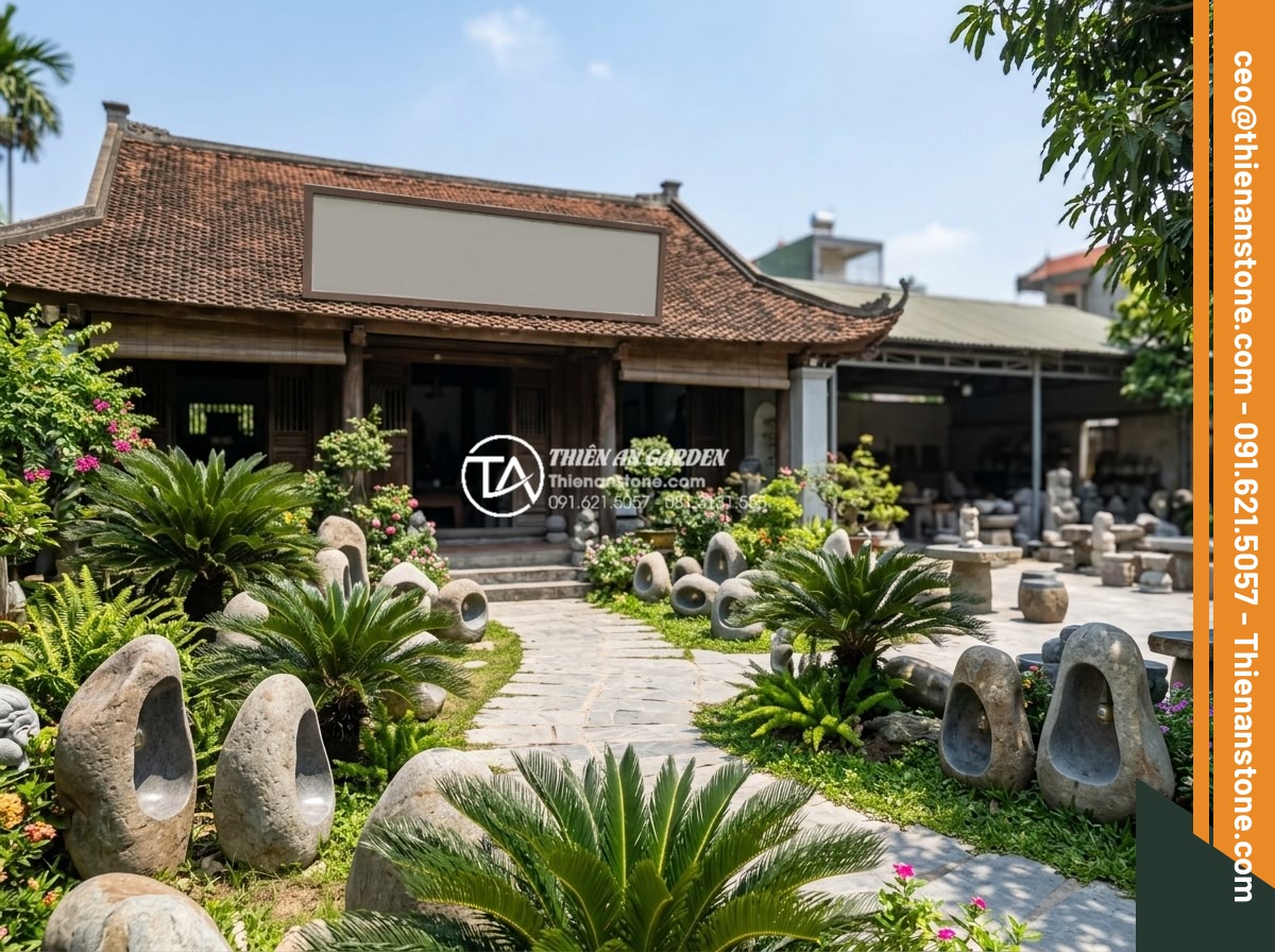 Mua đèn đá sân vườn tại Hà Nội: Top địa chỉ uy tín, xưởng sản xuất trực tiếp - Hình 6 Mua đèn đá sân vườn tại Hà Nội: Top địa chỉ uy tín, xưởng sản xuất trực tiếp - Professional portrait of the Đá Cảnh Thiên An stone workshop exterior in Hanoi w