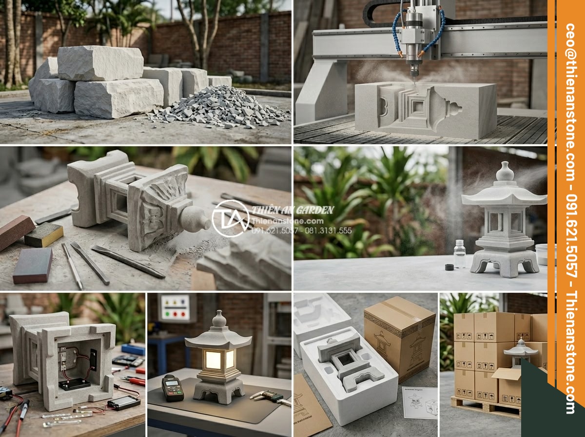 Mua đèn đá sân vườn tại Hà Nội: Top địa chỉ uy tín, xưởng sản xuất trực tiếp - Hình 7 Mua đèn đá sân vườn tại Hà Nội: Top địa chỉ uy tín, xưởng sản xuất trực tiếp - Step-by-step realistic collage showing the professional production process of na