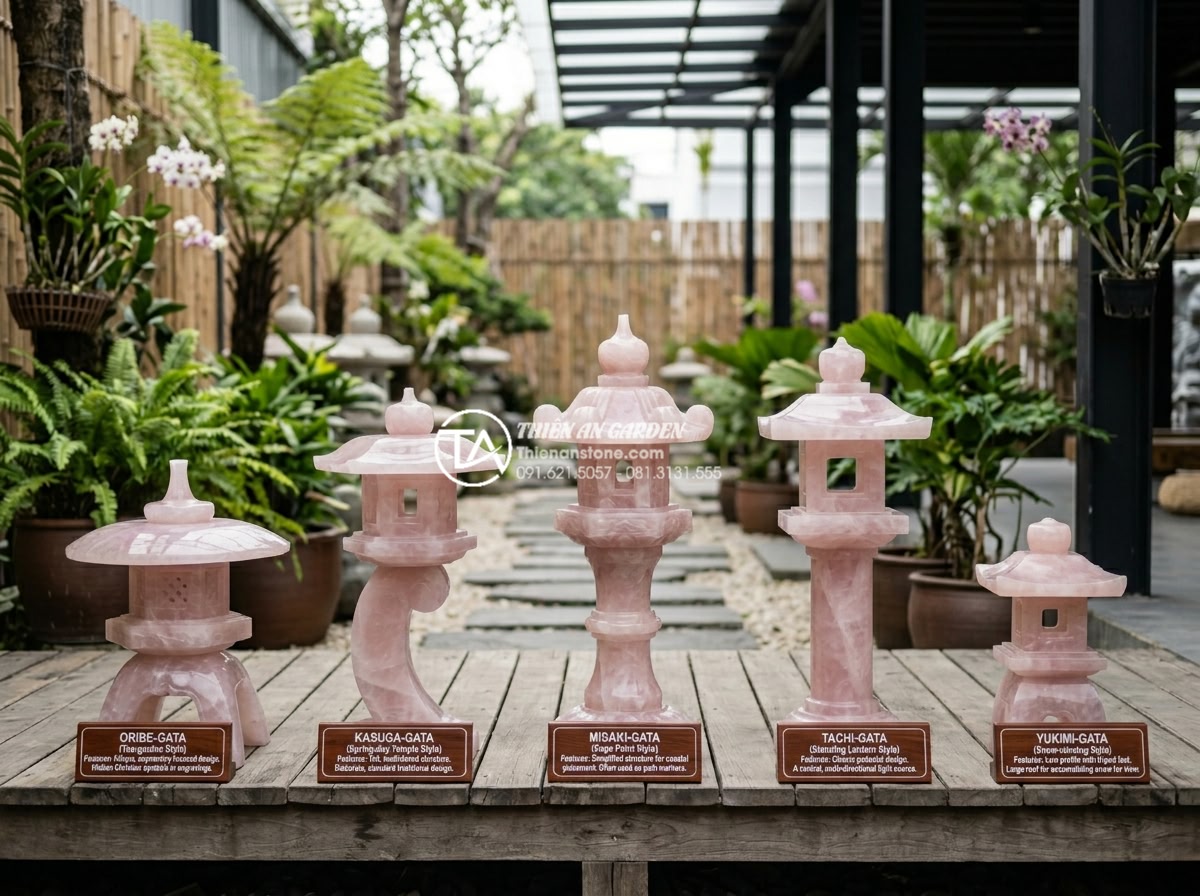 Nghệ thuật đèn đá sân vườn Nhật Bản: Ý nghĩa và các loại phổ biến - Hình 4 Nghệ thuật đèn đá sân vườn Nhật Bản: Ý nghĩa và các loại phổ biến - Professional comparison collage of five most popular Japanese stone lantern type