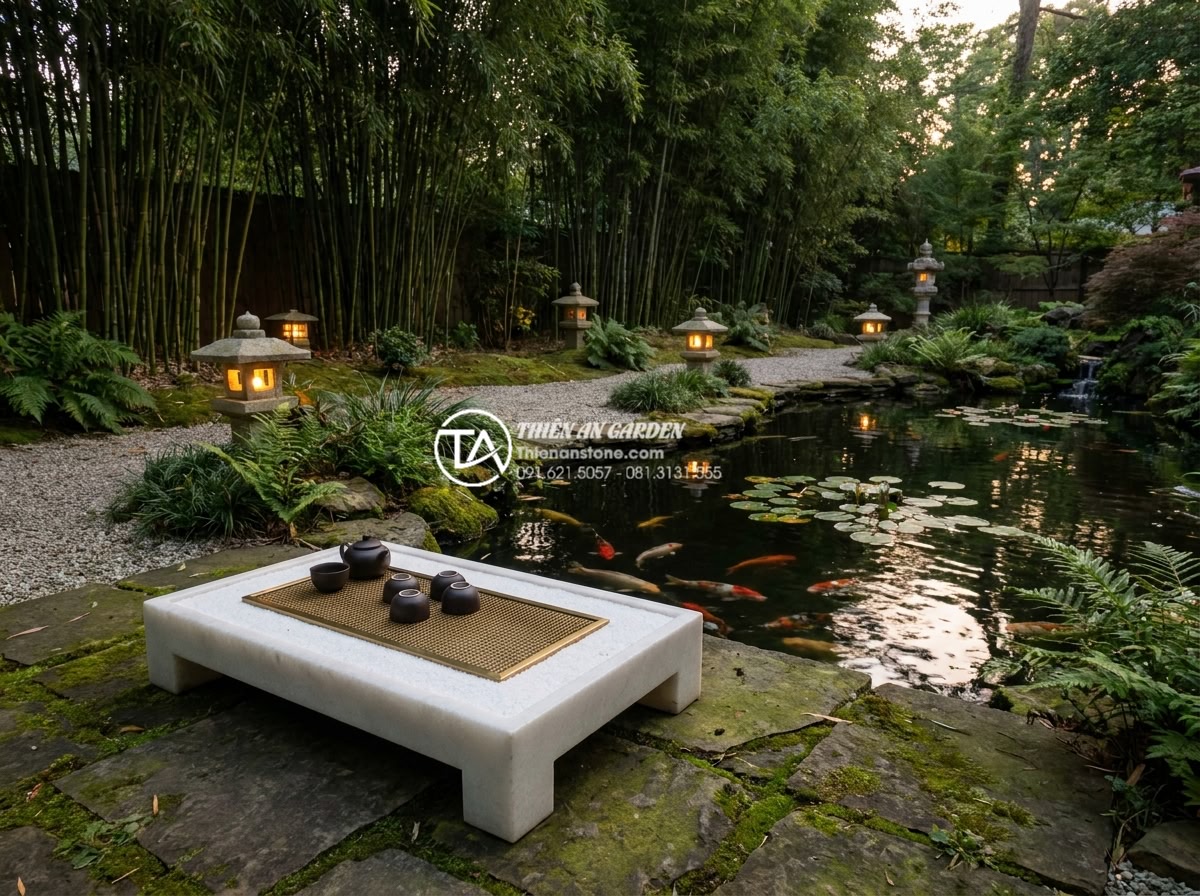 Nghệ thuật thưởng trà với bàn trà đạo bằng đá: Sự giao hòa giữa tĩnh và động - Hình 11 Nghệ thuật thưởng trà với bàn trà đạo bằng đá: Sự giao hòa giữa tĩnh và động - Beautiful zen garden design featuring natural stone tea table positioned beside