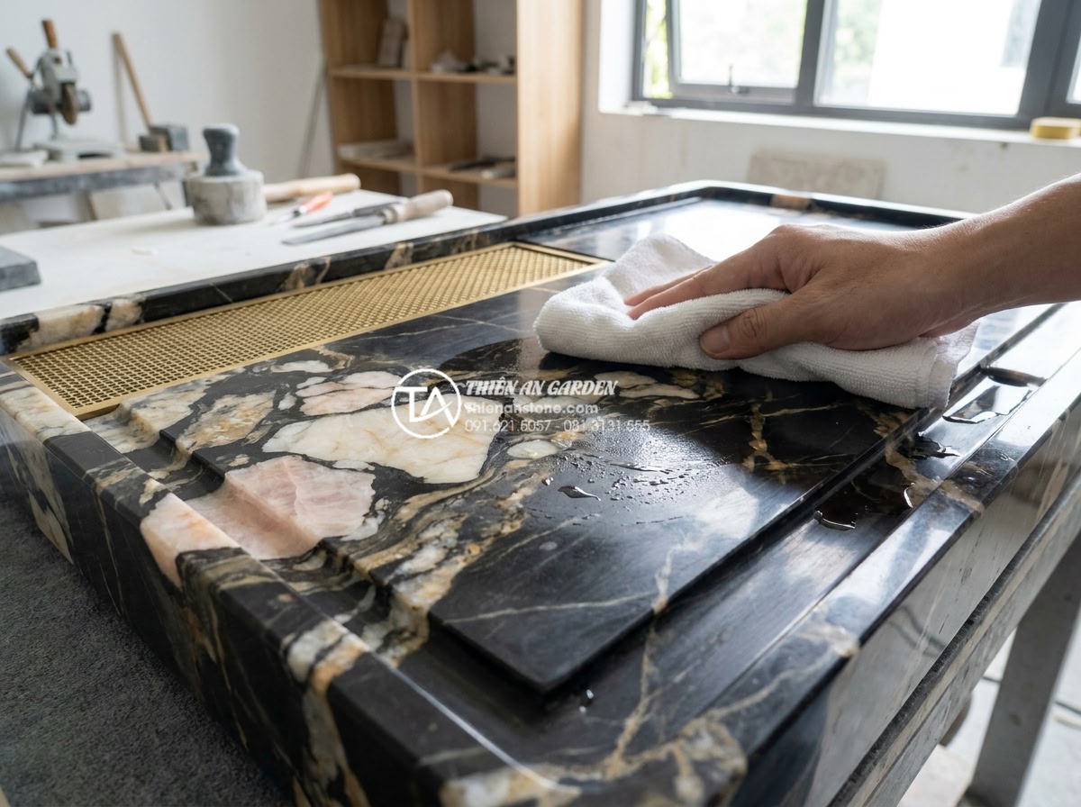 Nghệ thuật thưởng trà với bàn trà đạo bằng đá: Sự giao hòa giữa tĩnh và động - Hình 16 Nghệ thuật thưởng trà với bàn trà đạo bằng đá: Sự giao hòa giữa tĩnh và động - Professional stone care specialist applying protective sealant on polished natur