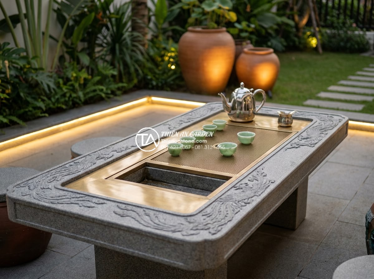 Nghệ thuật thưởng trà với bàn trà đạo bằng đá: Sự giao hòa giữa tĩnh và động - Hình 4 Nghệ thuật thưởng trà với bàn trà đạo bằng đá: Sự giao hòa giữa tĩnh và động - Luxurious natural calcite and jade-like stone tea table with intricate phoenix c