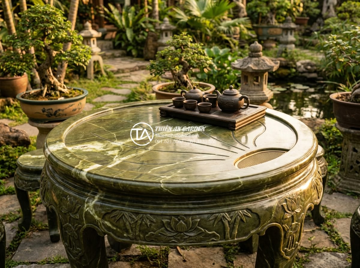 Nghệ thuật thưởng trà với bàn trà đạo bằng đá: Sự giao hòa giữa tĩnh và động - Hình 5 Nghệ thuật thưởng trà với bàn trà đạo bằng đá: Sự giao hòa giữa tĩnh và động - Traditional Vietnamese stone tea table with hand-carved lotus flowers and bamboo