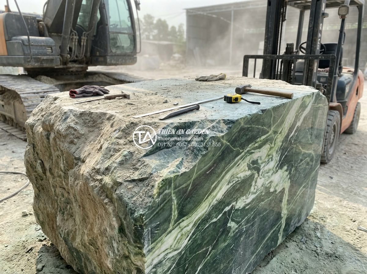 Nghệ thuật thưởng trà với bàn trà đạo bằng đá: Sự giao hòa giữa tĩnh và động - Hình 9 Nghệ thuật thưởng trà với bàn trà đạo bằng đá: Sự giao hòa giữa tĩnh và động - Artisan selecting and inspecting large raw natural stone block in quarry for tea